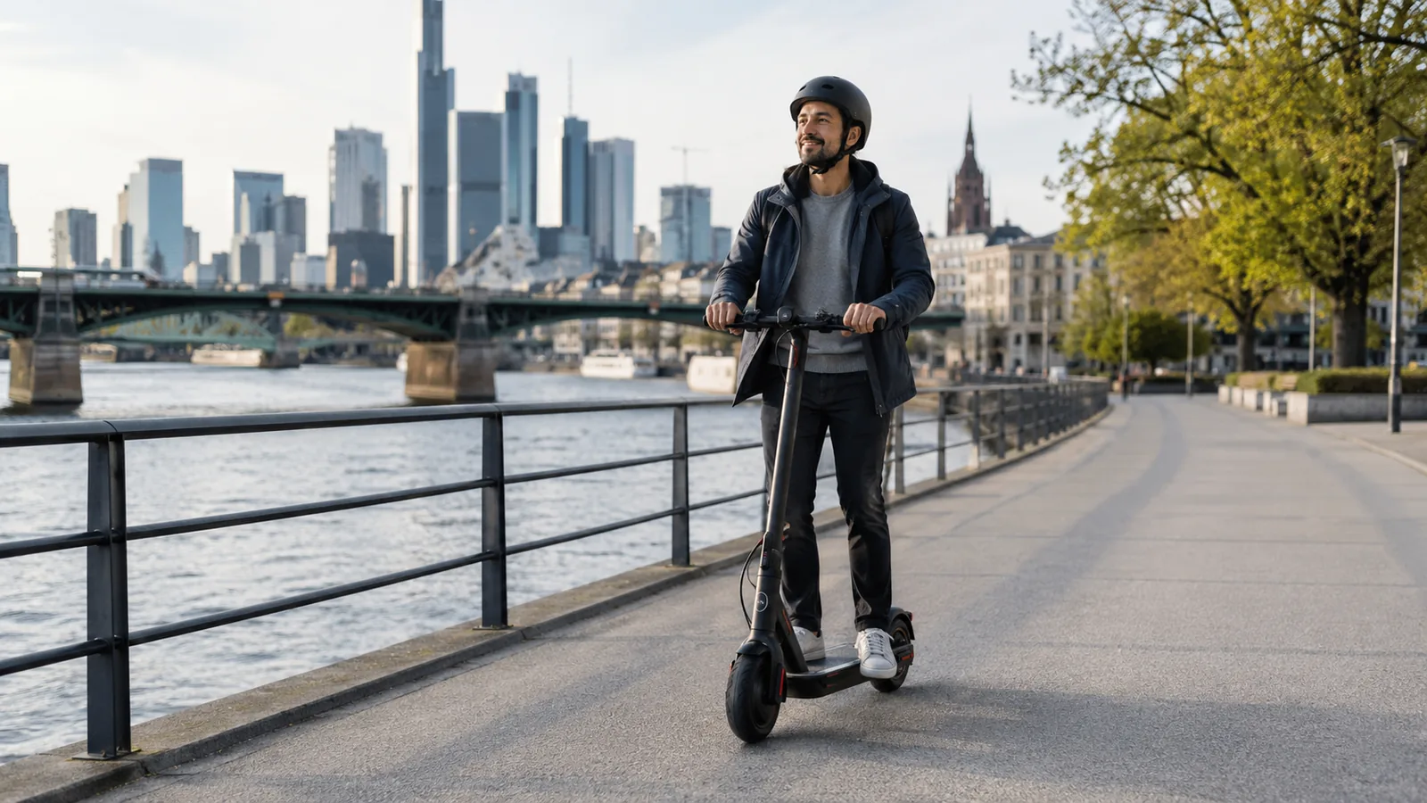 Mann fährt mit E-Scooter an einer urbanen Uferpromenade
