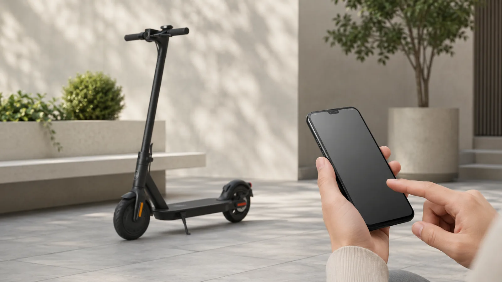 E-Scooter mit Smartphone auf ruhigem Hof als einfache Auswahlhilfe