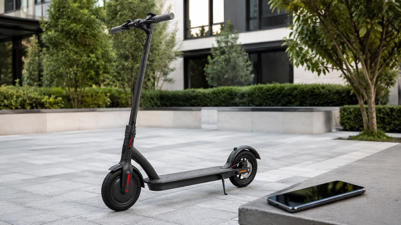 Schwarzer E-Scooter auf ruhigem gepflastertem Innenhof, daneben ein Smartphone auf einer Steinkante