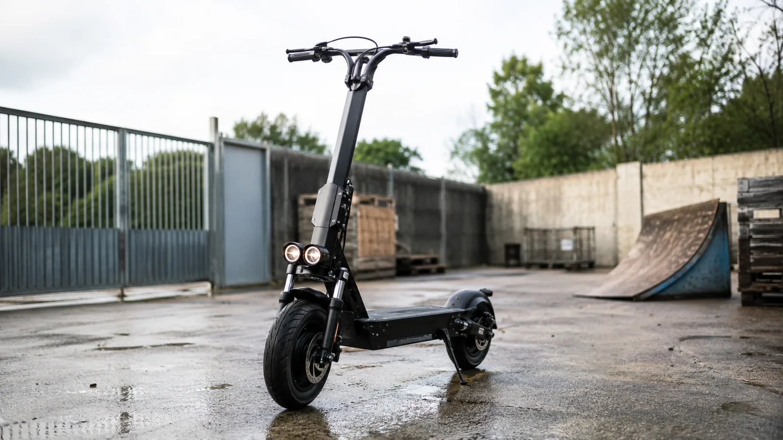 Schwarzer E-Scooter auf neutralem Industriehof als Symbol für Modellprüfung