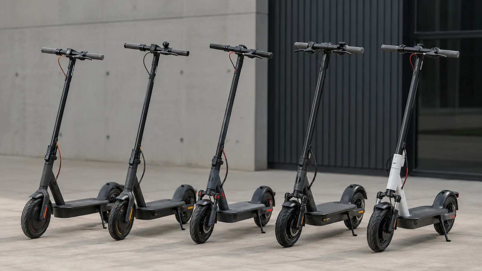 Fünf markenneutrale E-Scooter nebeneinander auf neutralem Hof zum Modellvergleich