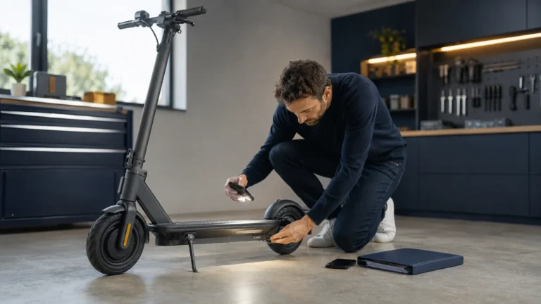 Mann prüft kniend sein E-Scooter-Modell mit dem Smartphone