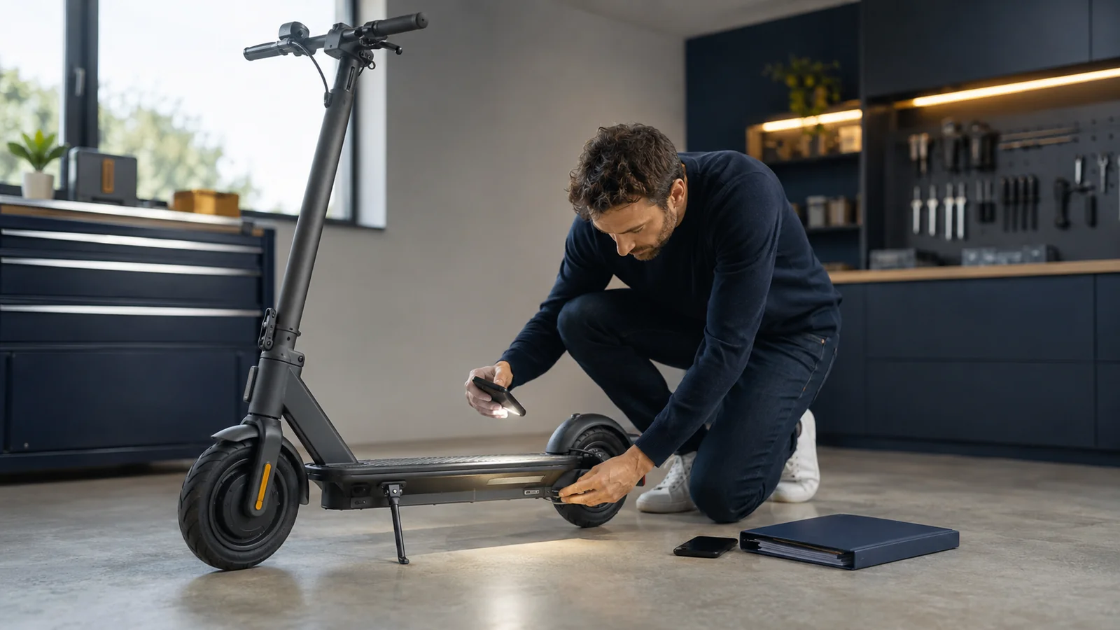 Mann prüft kniend sein E-Scooter-Modell mit dem Smartphone
