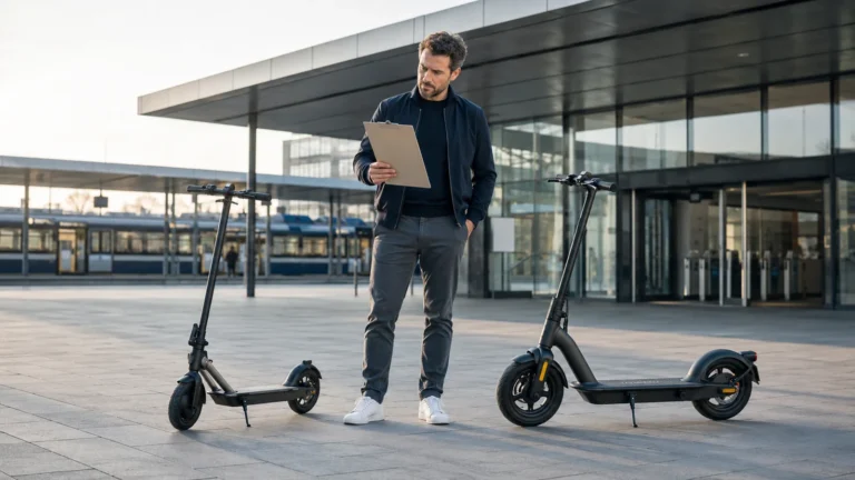 Mann mit Klemmbrett zwischen zwei E-Scootern an einer Station