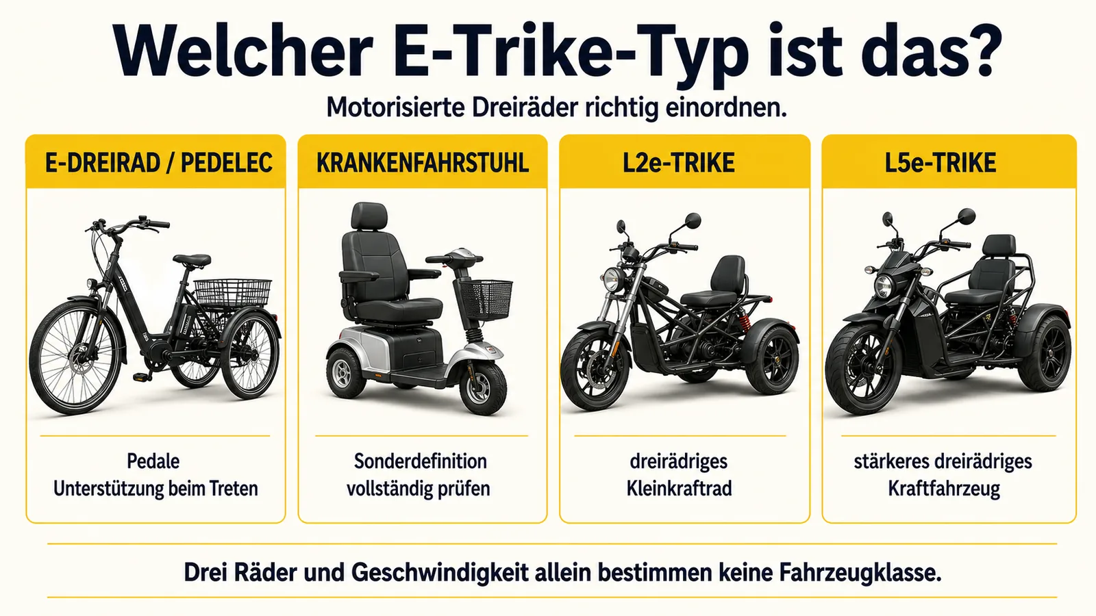 Erklärgrafik zur Typbestimmung: welcher E-Trike-Typ vorliegt und wie er sich vom einfachen E-Dreirad unterscheidet