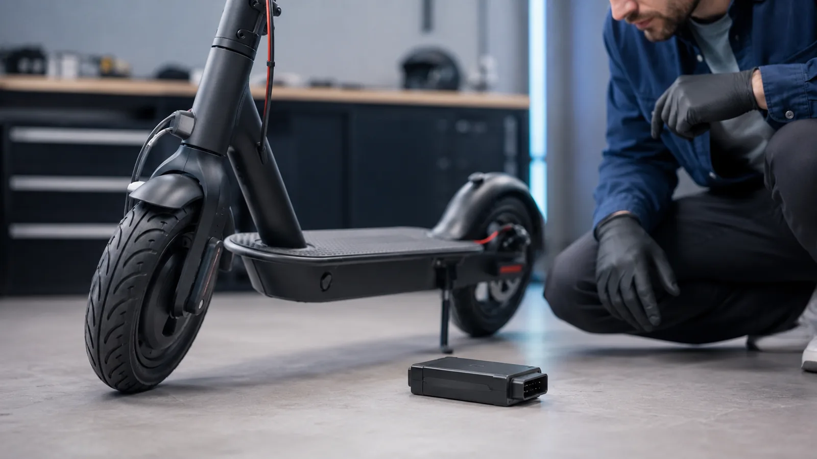 E-Scooter neben kleinem Plug-and-Play-Modul am Boden, Person prüft die Verbindung, sicherer Prüfcharakter