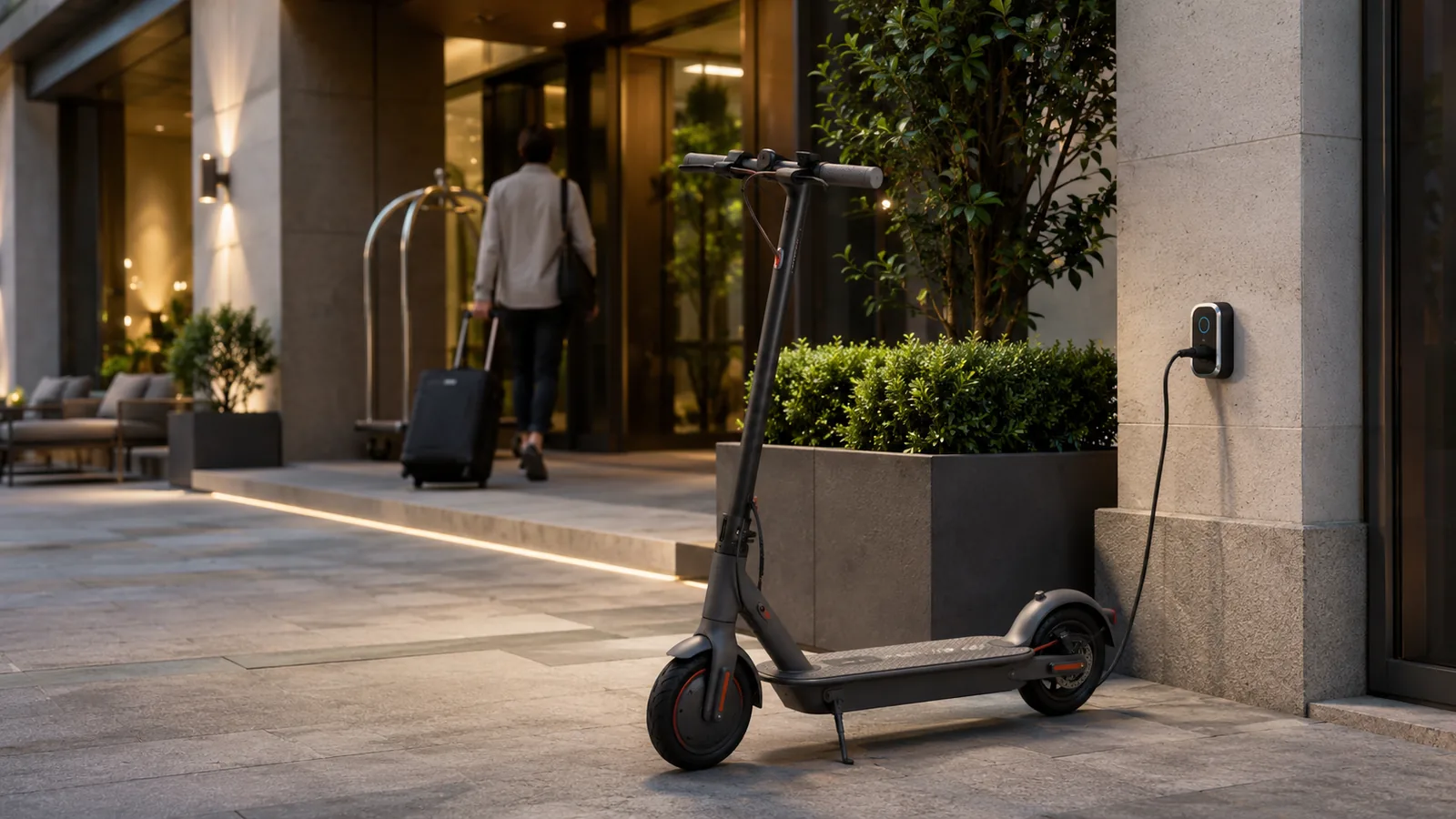 E-Scooter lädt an einer Wandbox vor einem Hoteleingang, im Hintergrund ein Gast mit Koffer