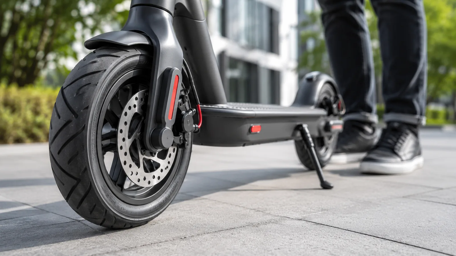 Nahaufnahme eines modernen E-Scooters mit Reifen und Bremse