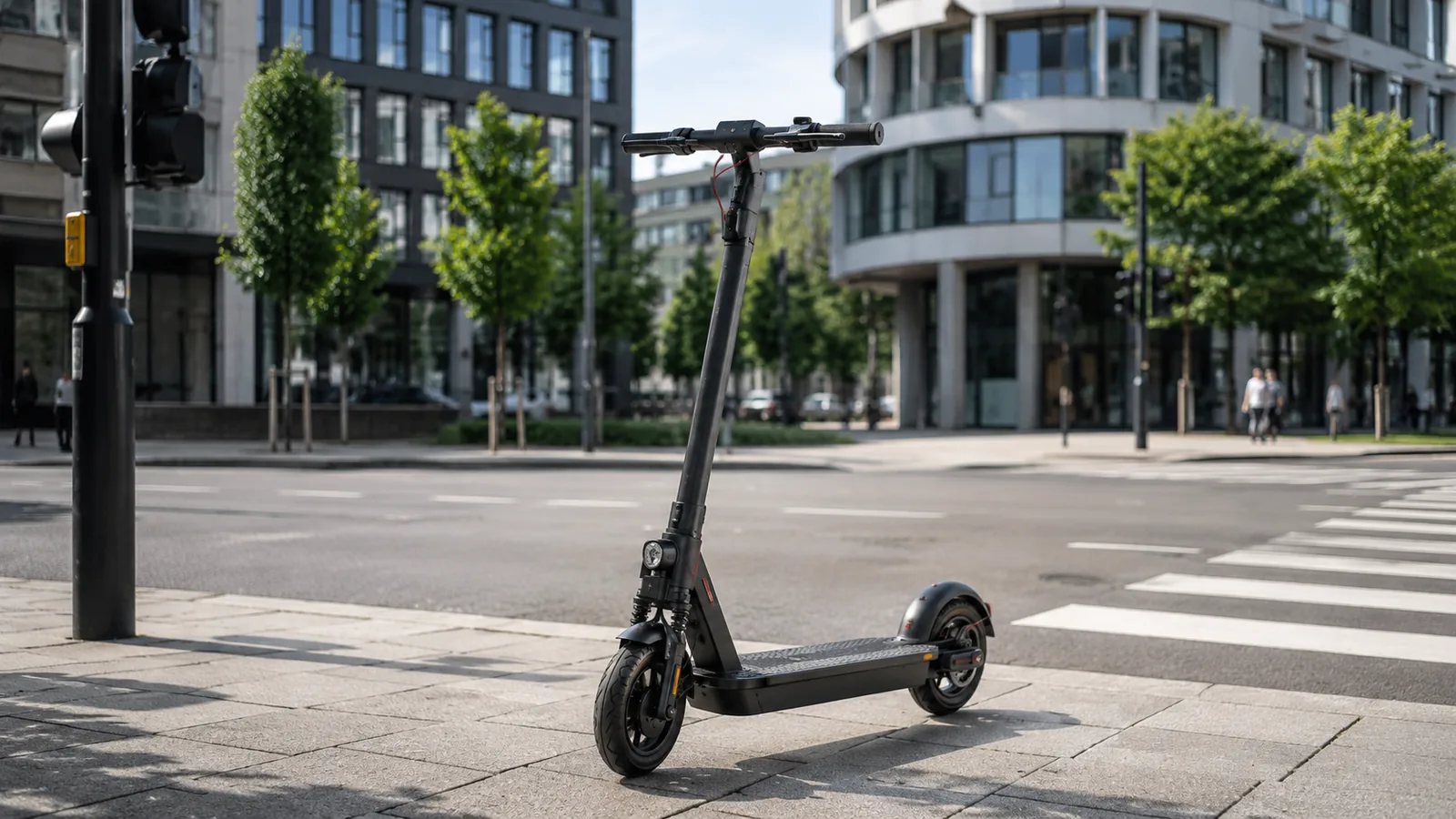 E-Scooter steht an einer modernen Stadtkreuzung