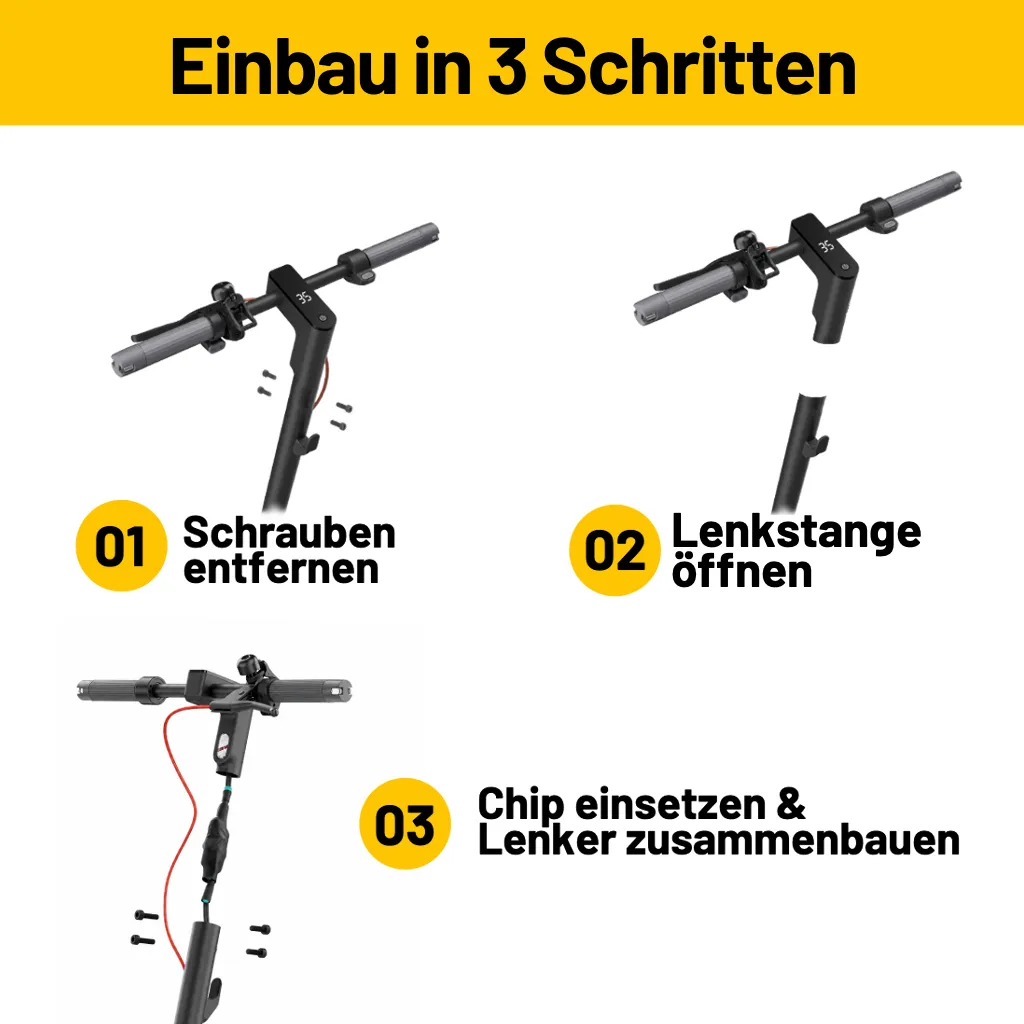 Xiaomi Tuning-Chip Einbau: Schrauben entfernen, Lenkstange &ouml;ffnen, Chip einsetzen