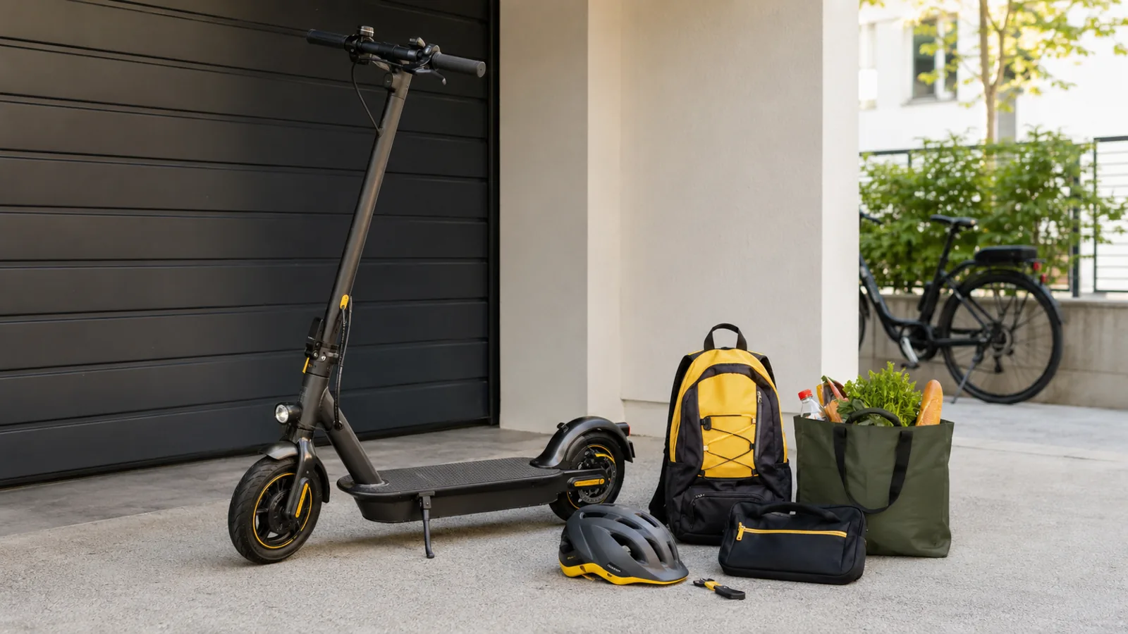 E-Scooter mit Rucksack und Einkaufstasche als Hinweis auf Gewichtslimit und Zuladung