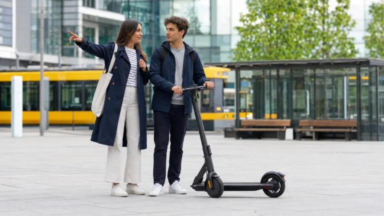 Ein Paar steht an einer Haltestelle neben einem E-Scooter