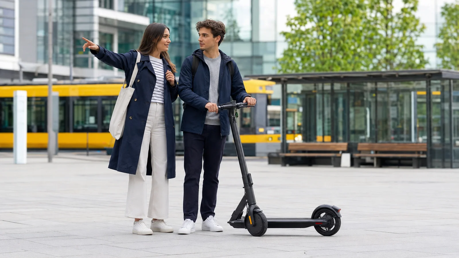 Ein Paar steht an einer Haltestelle neben einem E-Scooter