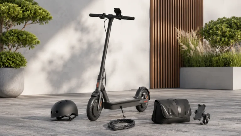 E-Scooter mit arrangiertem Zubehör Helm Schloss Tasche und Handyhalterung auf sauberem Hof