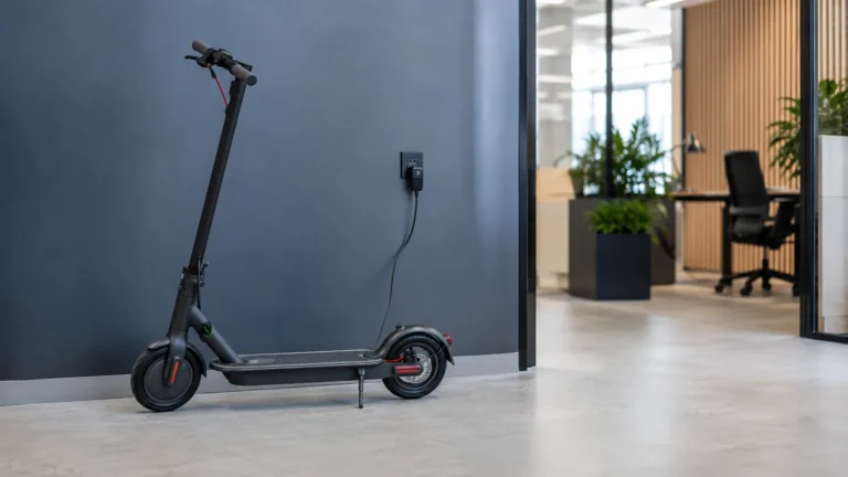 E-Scooter hängt zum Laden an einer Wandsteckdose in einem modernen Bürobereich