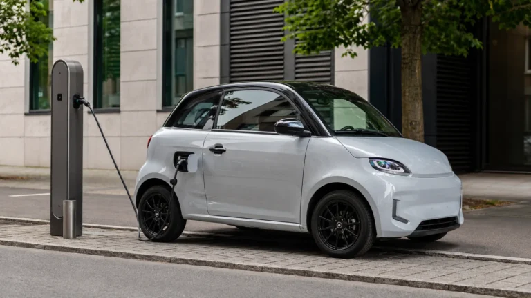 Elektrisches Aixam Mopedauto e-Coupé an einer Ladesäule in der Stadt