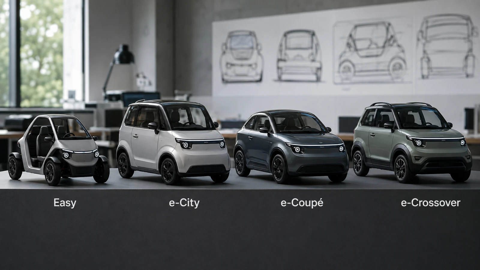 Übersicht der e-Aixam-Modelle Easy, e-City, e-Coupé und e-Crossover