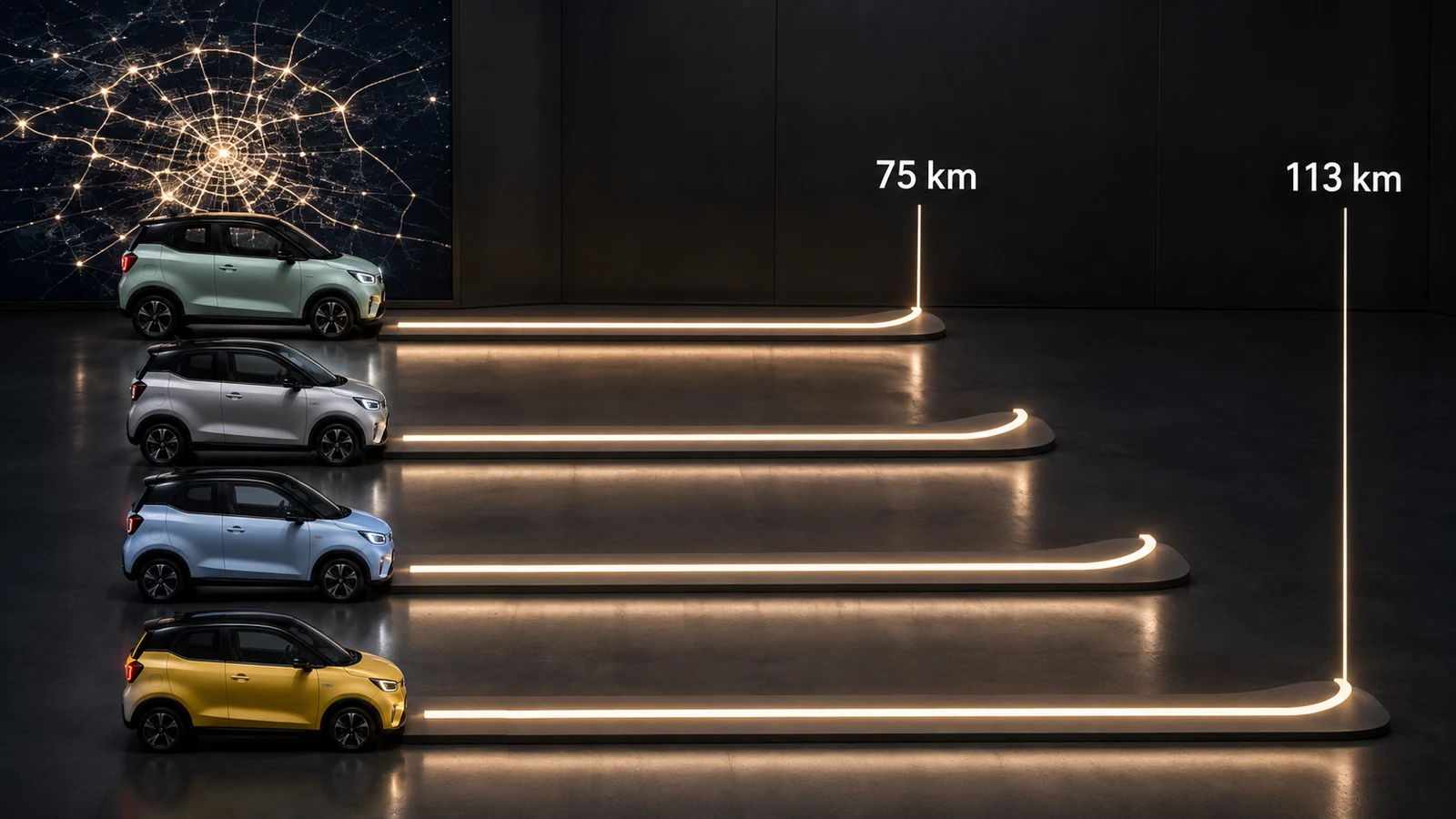 Reichweite der e-Aixam-Modelle von rund 75 bis 113 km im Balkenvergleich