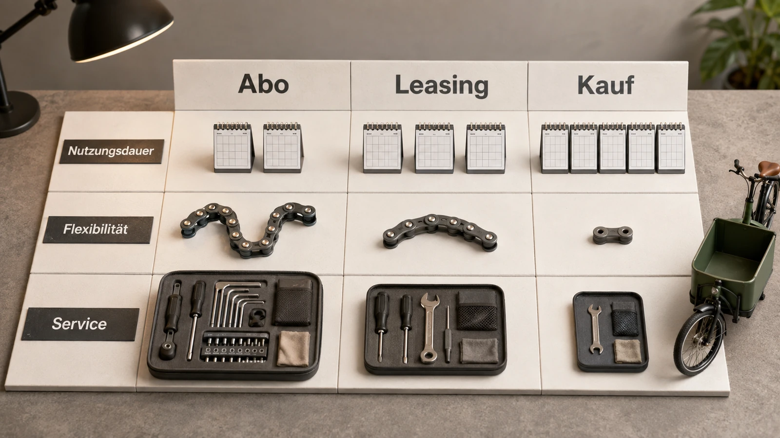 Entscheidungsmatrix Abo, Leasing und Kauf nach Nutzungsdauer, Flexibilität und Service