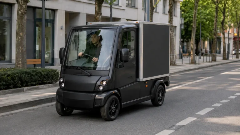 Vierrädriges elektrisches Cargo-Quad mit Ladebox in einer Stadtstraße