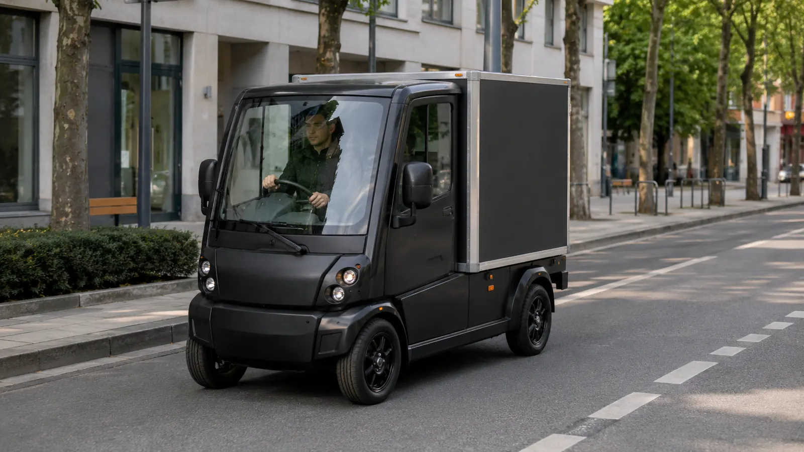 Vierrädriges elektrisches Cargo-Quad mit Ladebox in einer Stadtstraße
