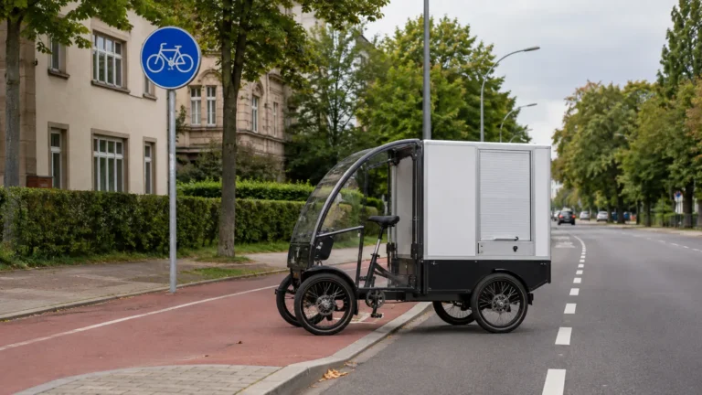 Cargo-Quad an der Grenze zwischen Radweg und Fahrbahn, mit Radweg-Schild