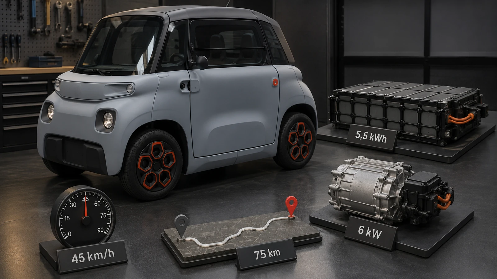 Technische Daten des Citroën Ami: 5,5 kWh Akku, 6 kW Motor, 45 km/h, 75 km Reichweite