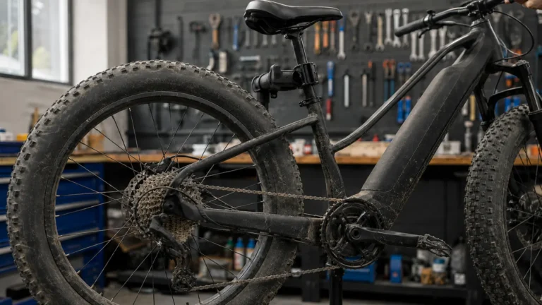 E-Fatbike bei einer Wartung in der Werkstatt