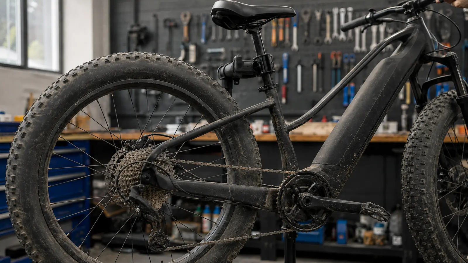 E-Fatbike bei einer Wartung in der Werkstatt