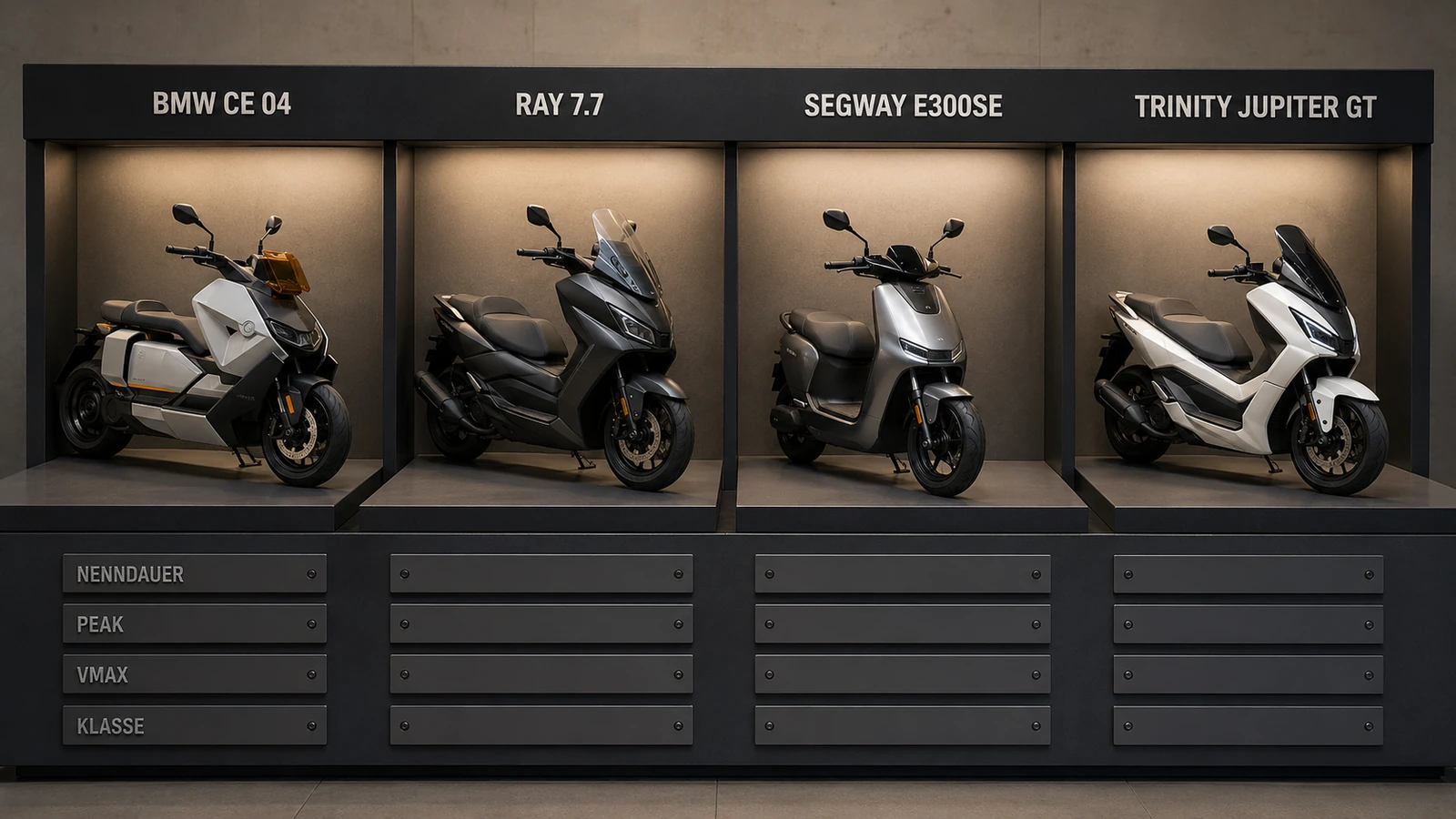 Vier E-Maxi-Roller im Vergleich: BMW CE 04, RAY 7.7, Segway E300SE und TRINITY Jupiter GT