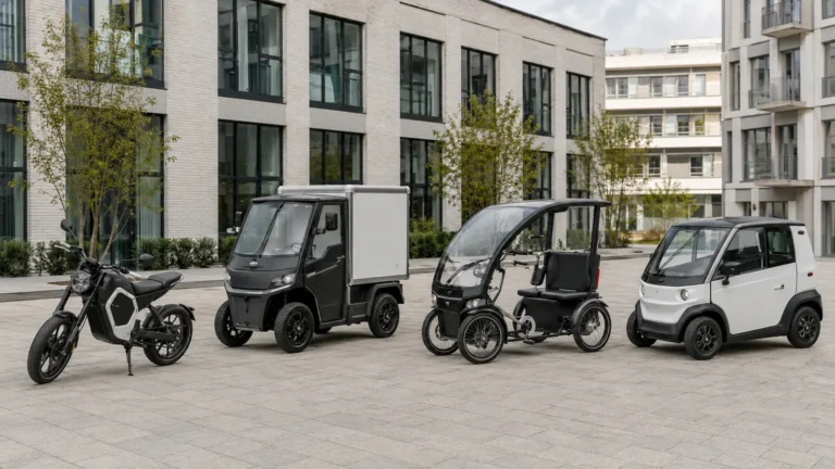 Verschiedene leichte Elektrofahrzeuge nebeneinander: E-Motorrad, Cargo-Quad, Kabinen-Pedelec und Microcar