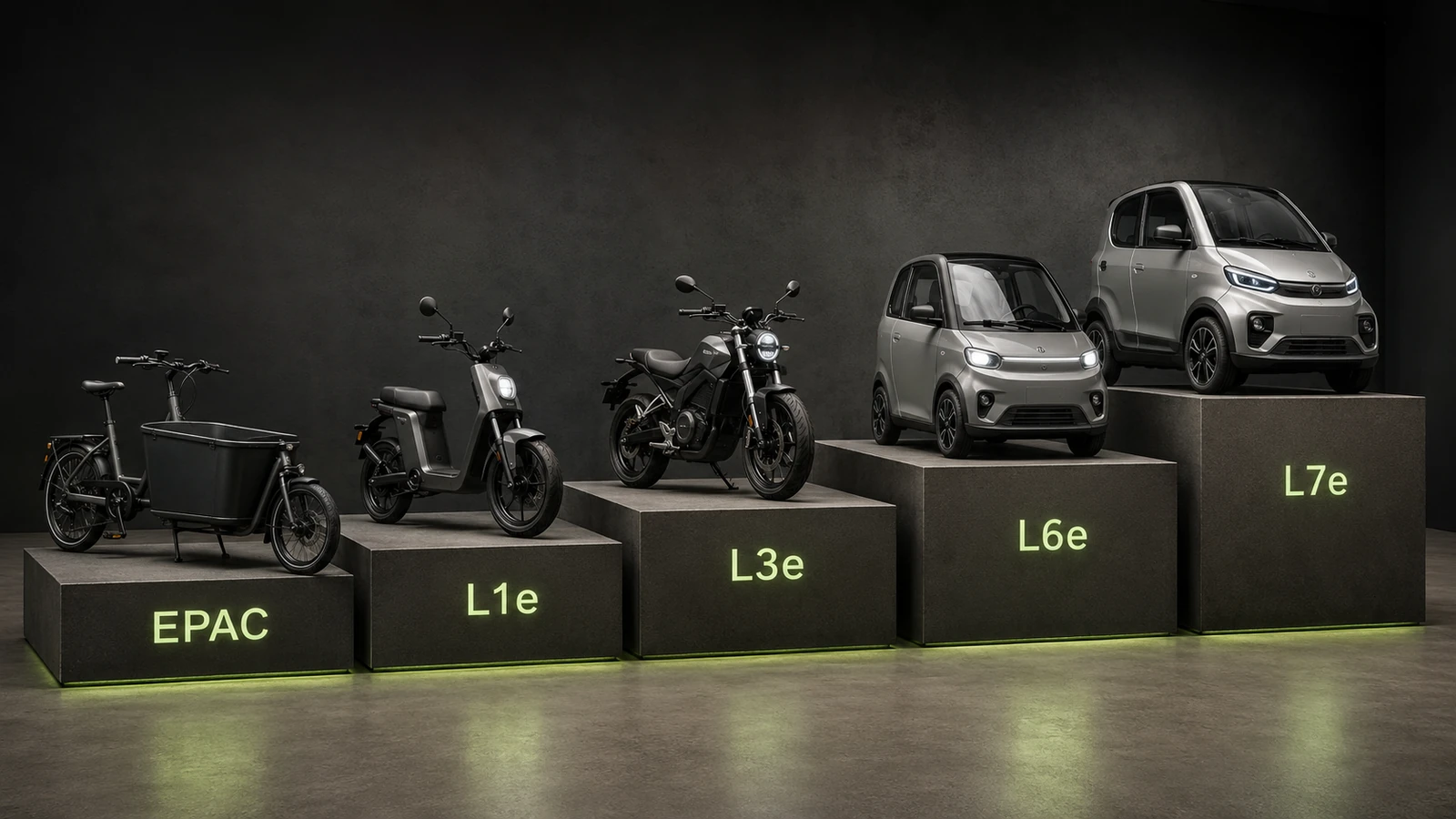 Fahrzeugklassen von EPAC über L1e bis L7e mit Kurzmerkmalen