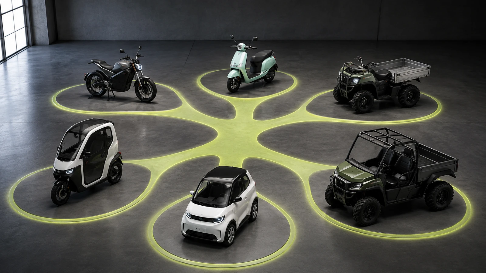 Übersicht der Untercluster von Straßen-E-Motorrad bis Arbeitsfahrzeug