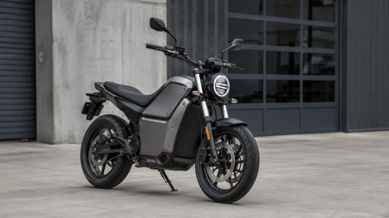 Elektromotorrad vor neutralem Hintergrund als Symbol fuer den Marken-Marktstatus