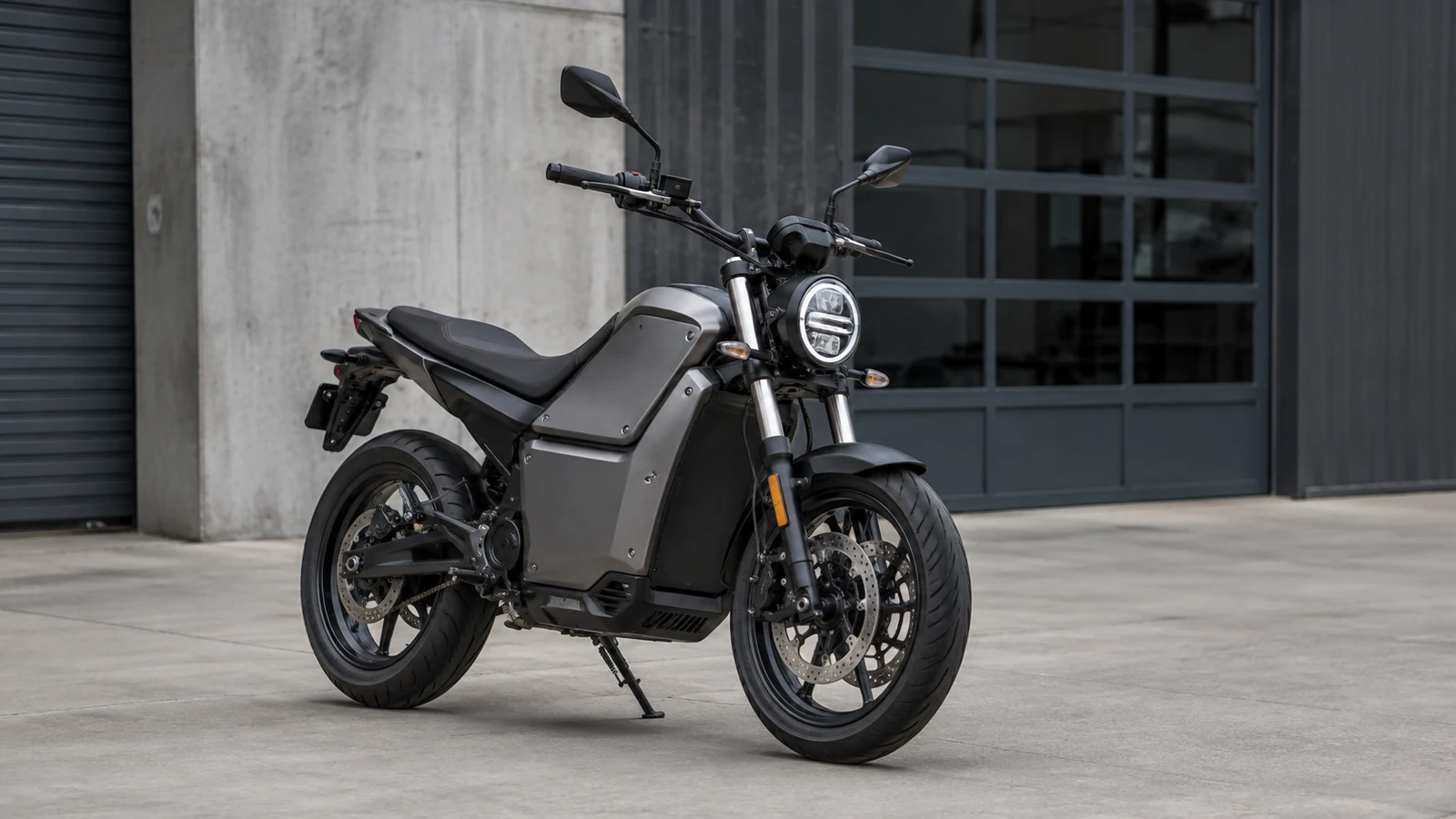 Elektromotorrad vor neutralem Hintergrund als Symbol fuer den Marken-Marktstatus