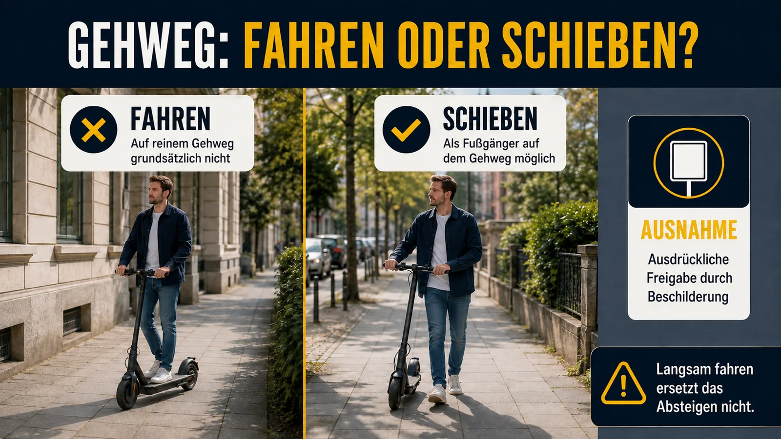 Infografik E-Scooter auf dem Gehweg fahren oder schieben