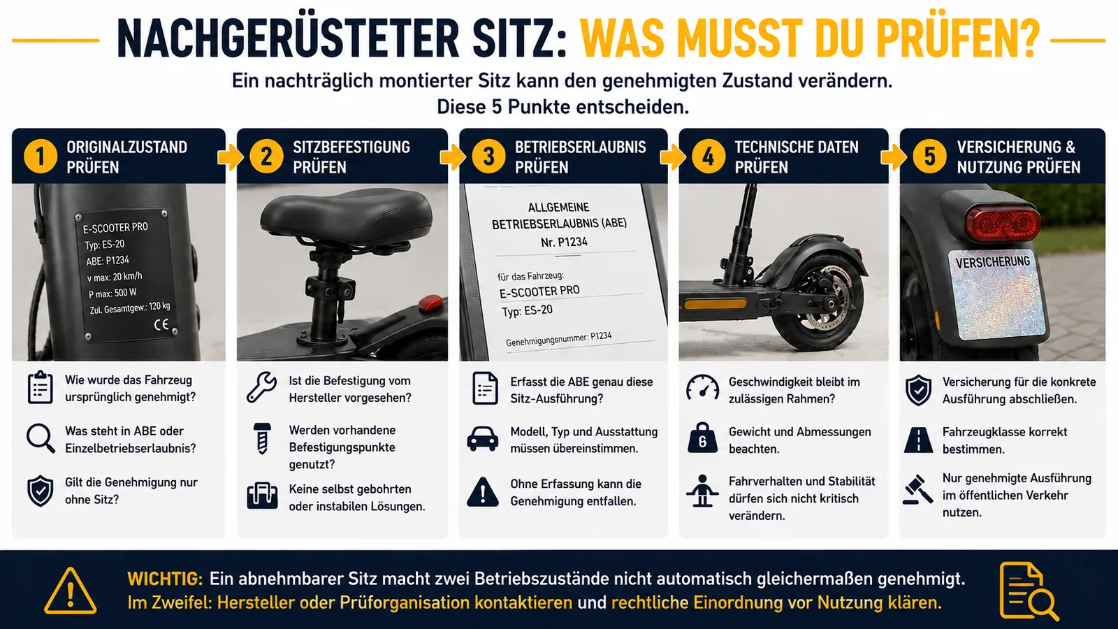 Fünf Prüfschritte für einen nachgerüsteten Sitz am E-Scooter: Originalzustand, Sitzbefestigung, Betriebserlaubnis, technische Daten, Versicherung. KI-generierte Grafik.