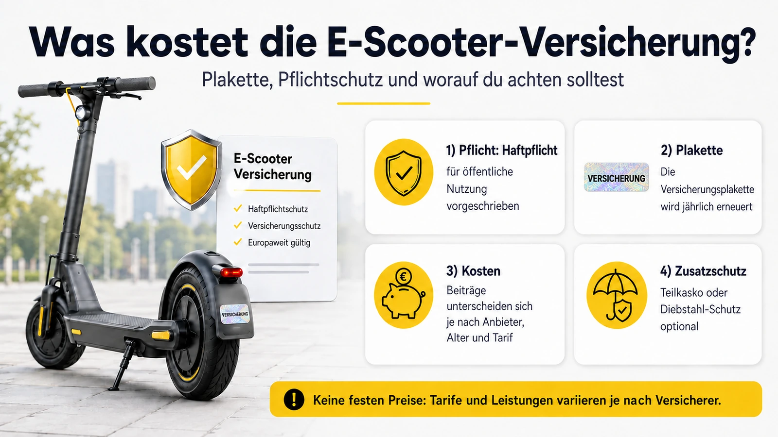Infografik zu Kosten, Plakette und Preisfaktoren der E-Scooter-Versicherung. KI-generierte Grafik.