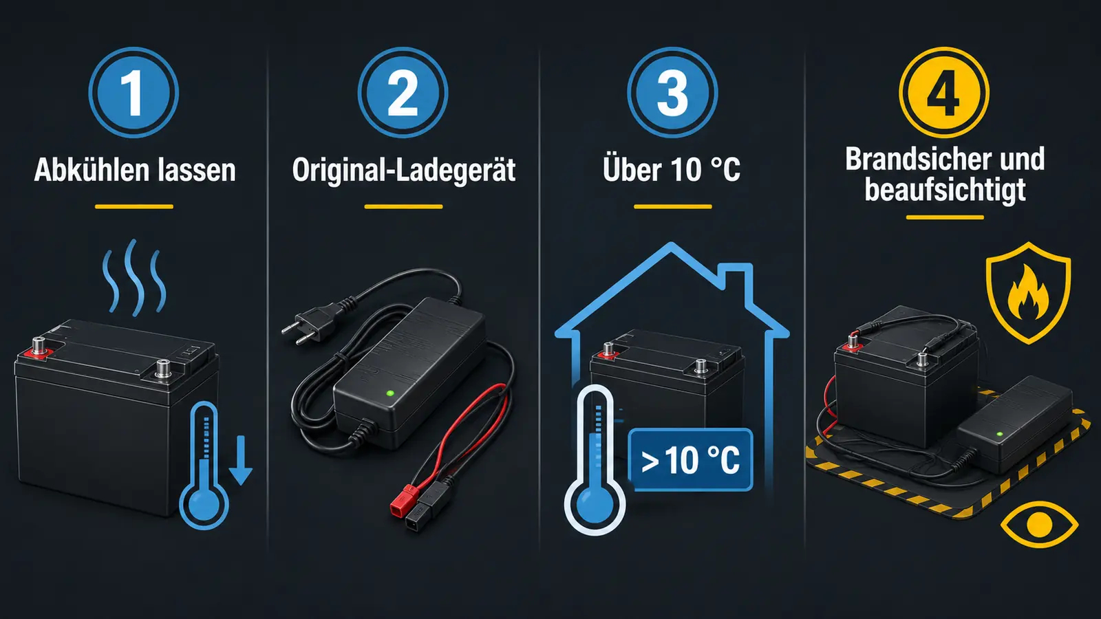 Ablauf sicheres Laden: abkuehlen, Original-Ladegeraet, ueber 10 Grad, brandsicher