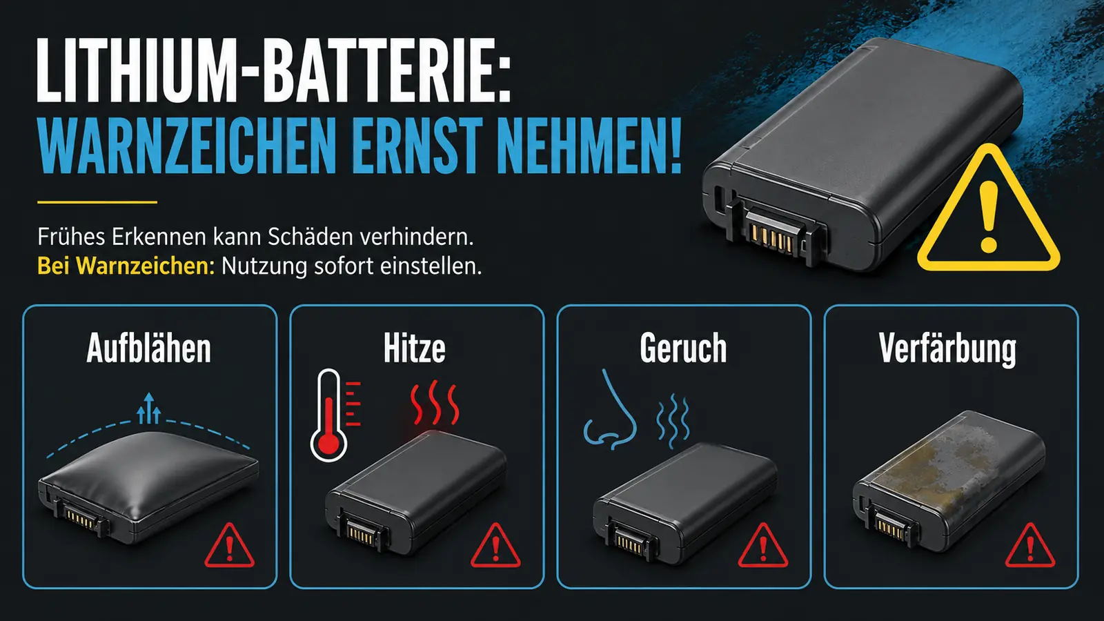 Warnzeichen Lithium-Akku: Aufblaehen, Hitze, Geruch, Verfaerbung
