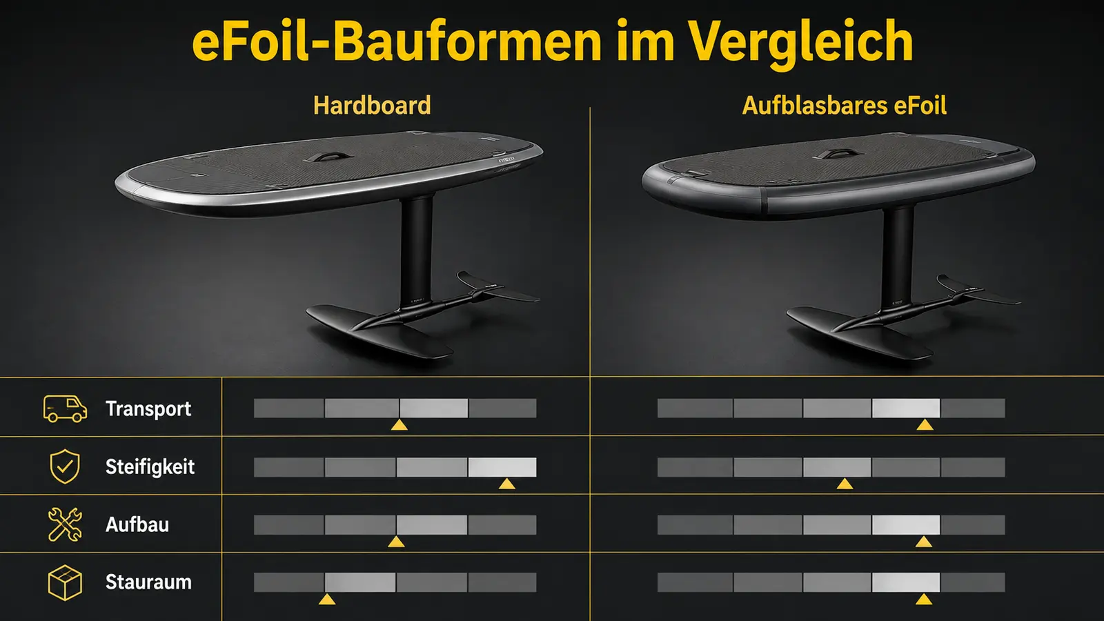 Bewertungsraster mit sechs Achsen für Hardboard und aufblasbares eFoil, Stand August 2026