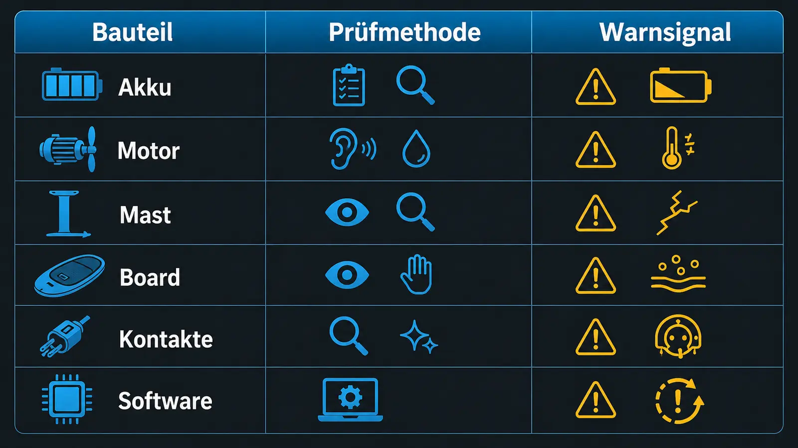 Gebraucht-Prüf-Checkliste fürs eFoil mit Bauteilen, Prüfmethode und Warnsignalen