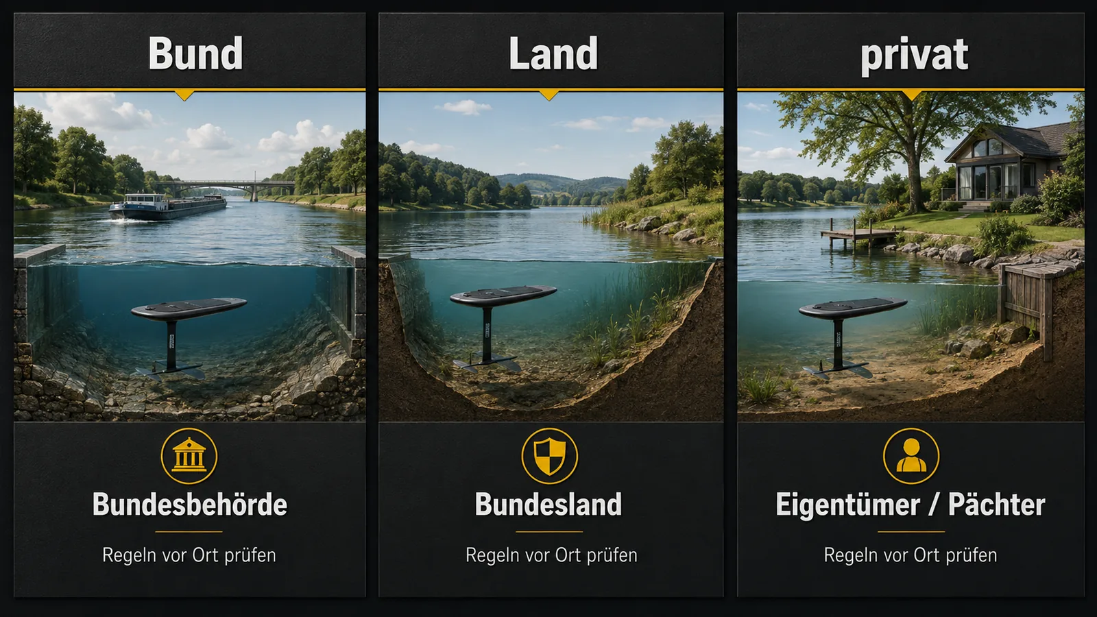 Schema der drei Gewässerkategorien Bund, Land und privat mit Zuständigkeiten