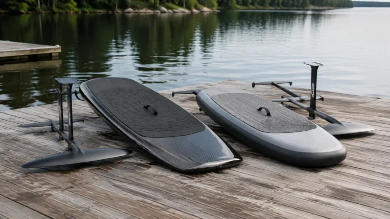 Carbon-Hardboard und aufblasbares eFoil nebeneinander am Steg, Bauform-Vergleich