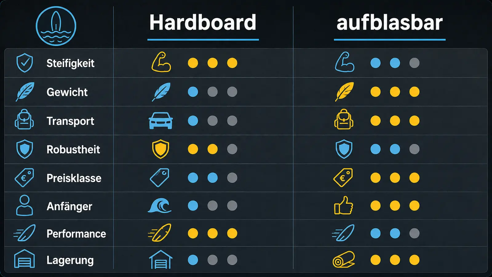 Vergleichsgrafik Hardboard gegen aufblasbares eFoil nach acht Kriterien
