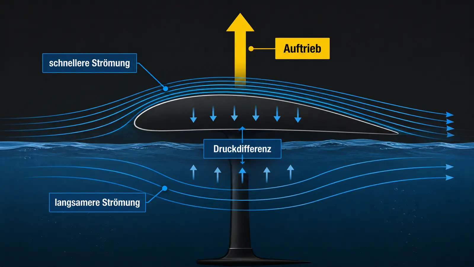Diagramm Hydrofoil-Auftrieb: schnelle Strömung oben, Druckdifferenz am Tragflügel