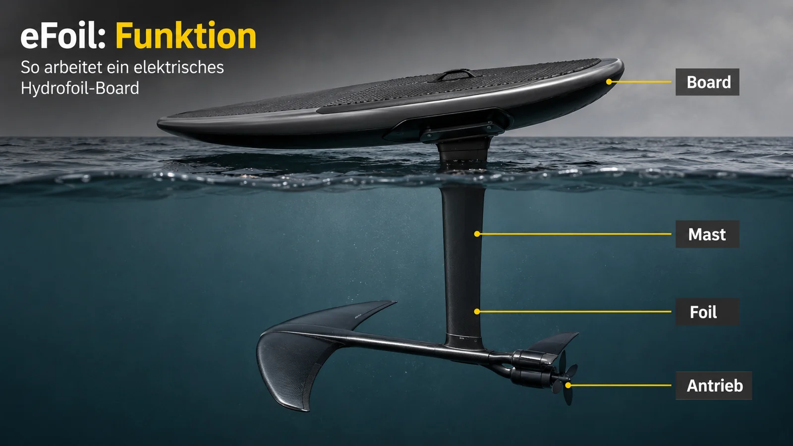 Schema eines eFoils mit Hydrofoil-Mast und Antrieb unter dem Board