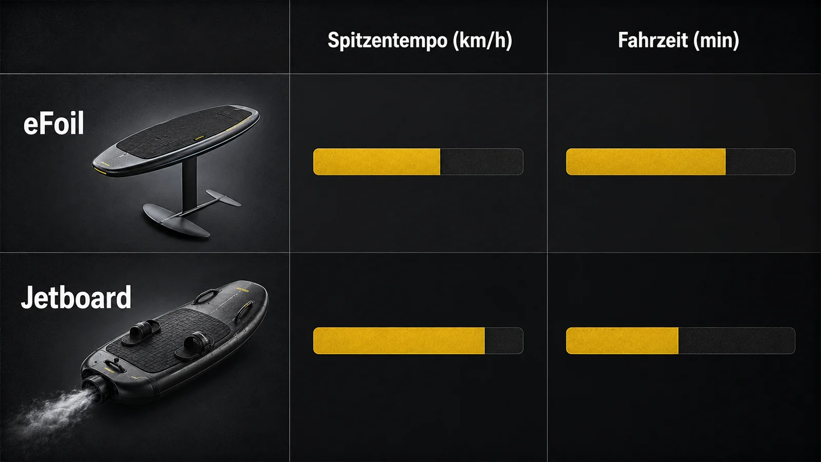 Balkenvergleich Spitzentempo und Fahrzeit von eFoil und Jetboard