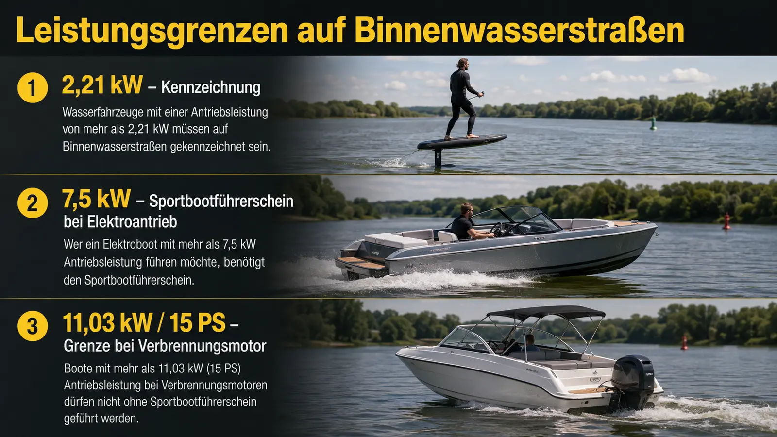 Grafik der Leistungsgrenzen 2,21 kW Kennzeichnung und 7,5 kW Führerschein beim eFoil