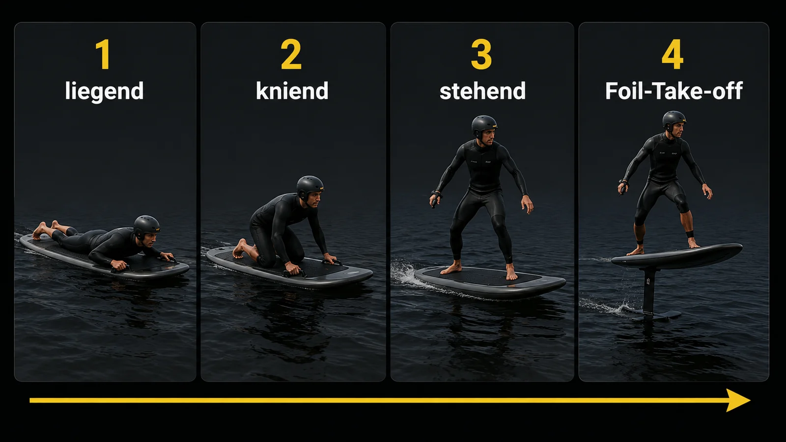 Grafik der vier eFoil-Lernphasen liegend, kniend, stehend, Foil-Take-off